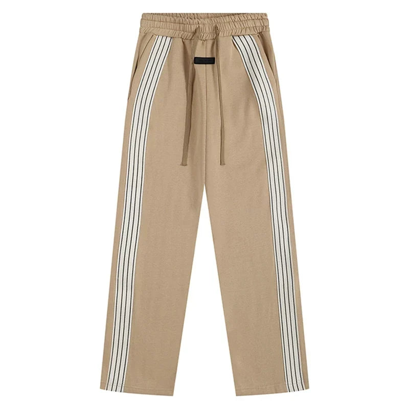 Fog Essentials Khaki Side‑Stripe Straight‑Leg Sweatpants Hip‑Hop Casual Pants