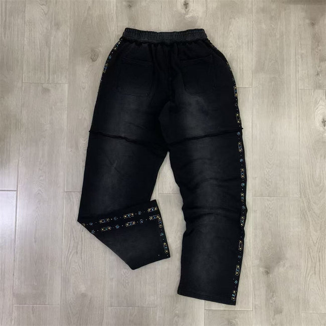 Valley Dreams Rhinestone Letter Flare Sweatpants, Vintage Black Washed Streetwear Unisex Trousers Main Image
