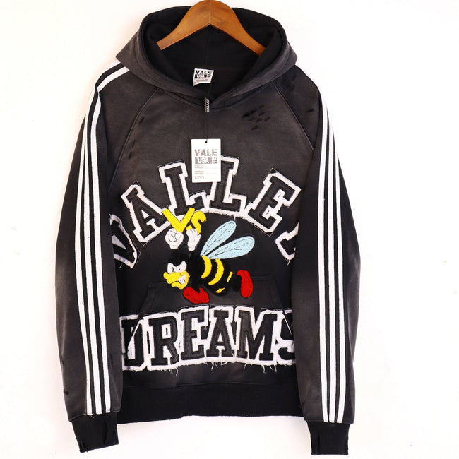 Valley Dreams Cartoon Bee Chenille Patch Pullover Hoodie, Black Vintage Distressed Striped‑Sleeve Streetwear Unisex Sweatshirt Main Image