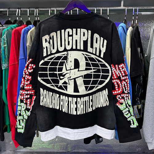 ROUGHPLAY Distressed Toxic Skeleton Graphic Long Sleeve Shirt Unisex Black Oversized Streetwear Crewneck Top