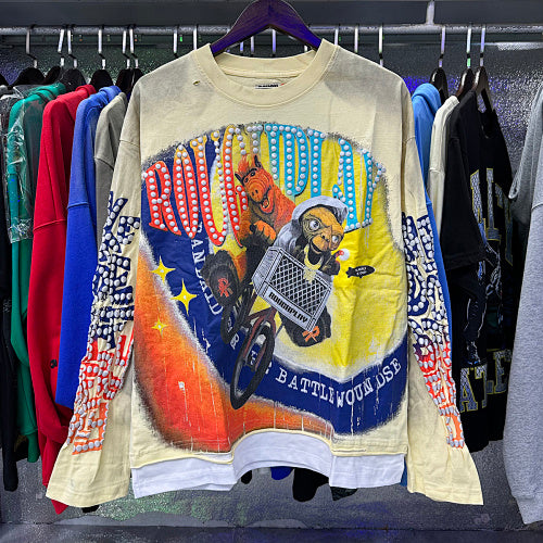 ROUGHPLAY Distressed Cartoon Rider Graphic Long Sleeve Shirt Unisex Vintage Cream Oversized Streetwear Crewneck Top