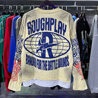 ROUGHPLAY Distressed Cartoon Rider Graphic Long Sleeve Shirt Unisex Vintage Cream Oversized Streetwear Crewneck Top