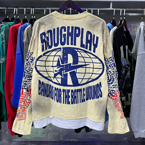 ROUGHPLAY Distressed Cartoon Rider Graphic Long Sleeve Shirt Unisex Vintage Cream Oversized Streetwear Crewneck Top