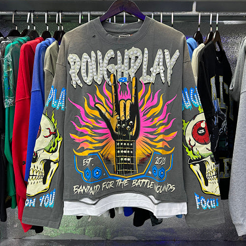 ROUGHPLAY Distressed Rock Hand Flame Graphic Long Sleeve Shirt Unisex Washed Grey Oversized Streetwear Crewneck Top