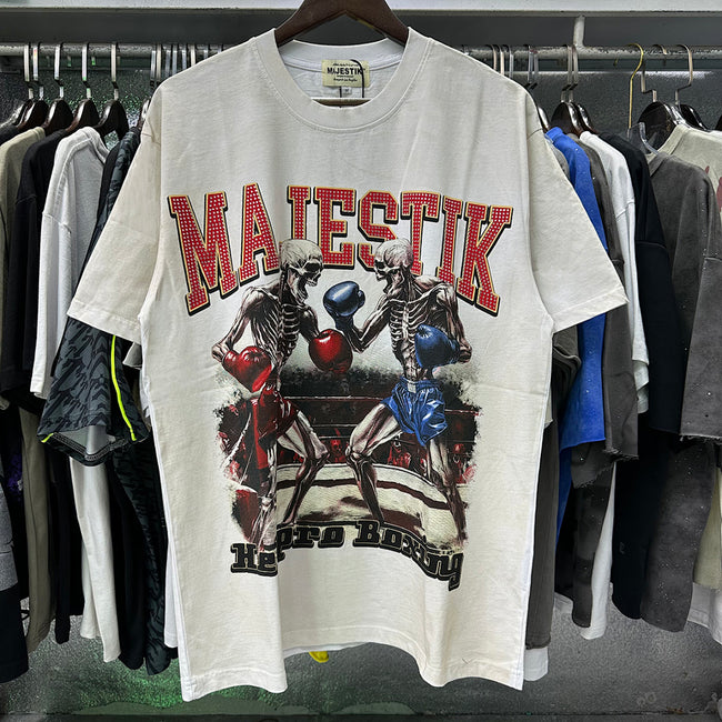 MAJESTIK Skeleton Boxers Graphic T-Shirt Unisex Washed Cream Y2K Vintage Boxing Heavyweight Oversized Streetwear Short Sleeve Top Hover Image