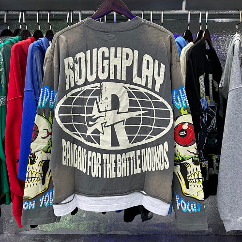 ROUGHPLAY Distressed Rock Hand Flame Graphic Long Sleeve Shirt Unisex Washed Grey Oversized Streetwear Crewneck Top Main Image