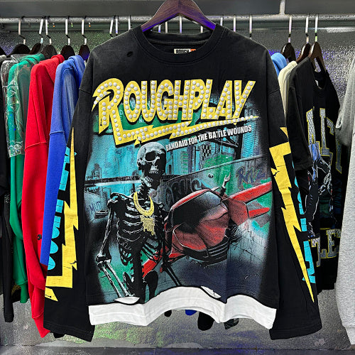 ROUGHPLAY Distressed Sci-Fi Skeleton Graphic Long Sleeve Shirt Unisex Black Oversized Streetwear Crewneck Top