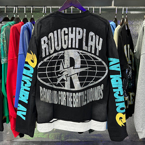 ROUGHPLAY Distressed Sci-Fi Skeleton Graphic Long Sleeve Shirt Unisex Black Oversized Streetwear Crewneck Top Main Image