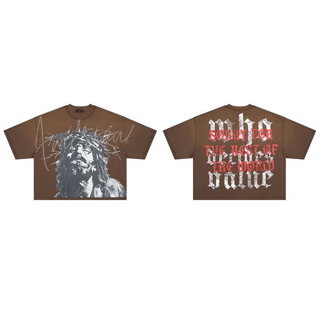 RARE PEACE Crown‑of‑Thorns Jesus Rhinestone Cropped Oversized T‑Shirt Hover Image