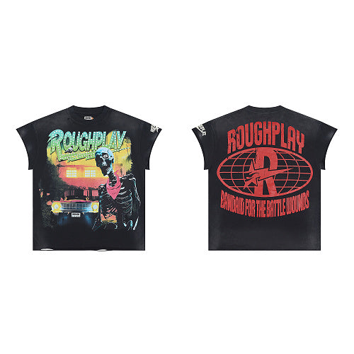 ROUGHPLAY Heavyweight Distressed Graphic Tee - Skeleton & Classic Car Vintage Washed T-Shirt