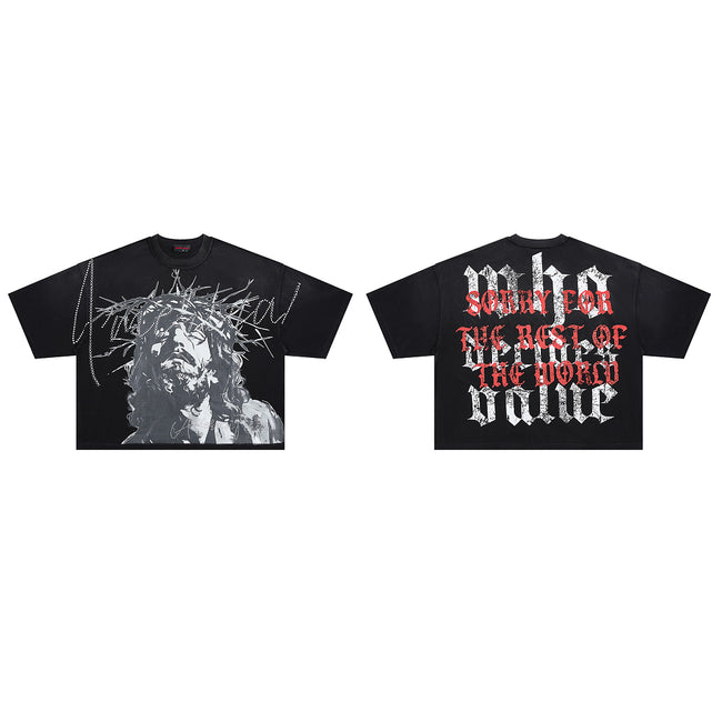 RARE PEACE Crown‑of‑Thorns Jesus Rhinestone Cropped Oversized T‑Shirt Hover Image