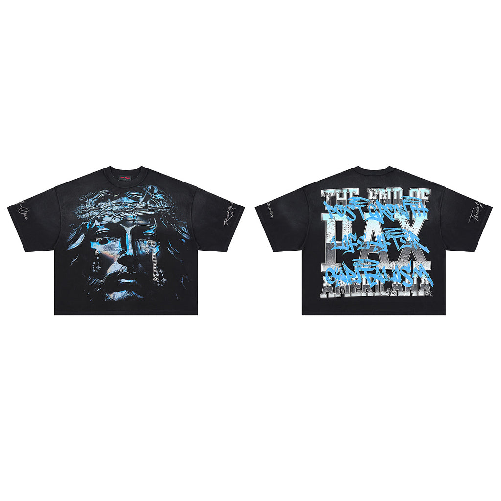 RARE PEACE Rhinestone‑Tear Jesus Portrait Cropped Oversized T‑Shirt