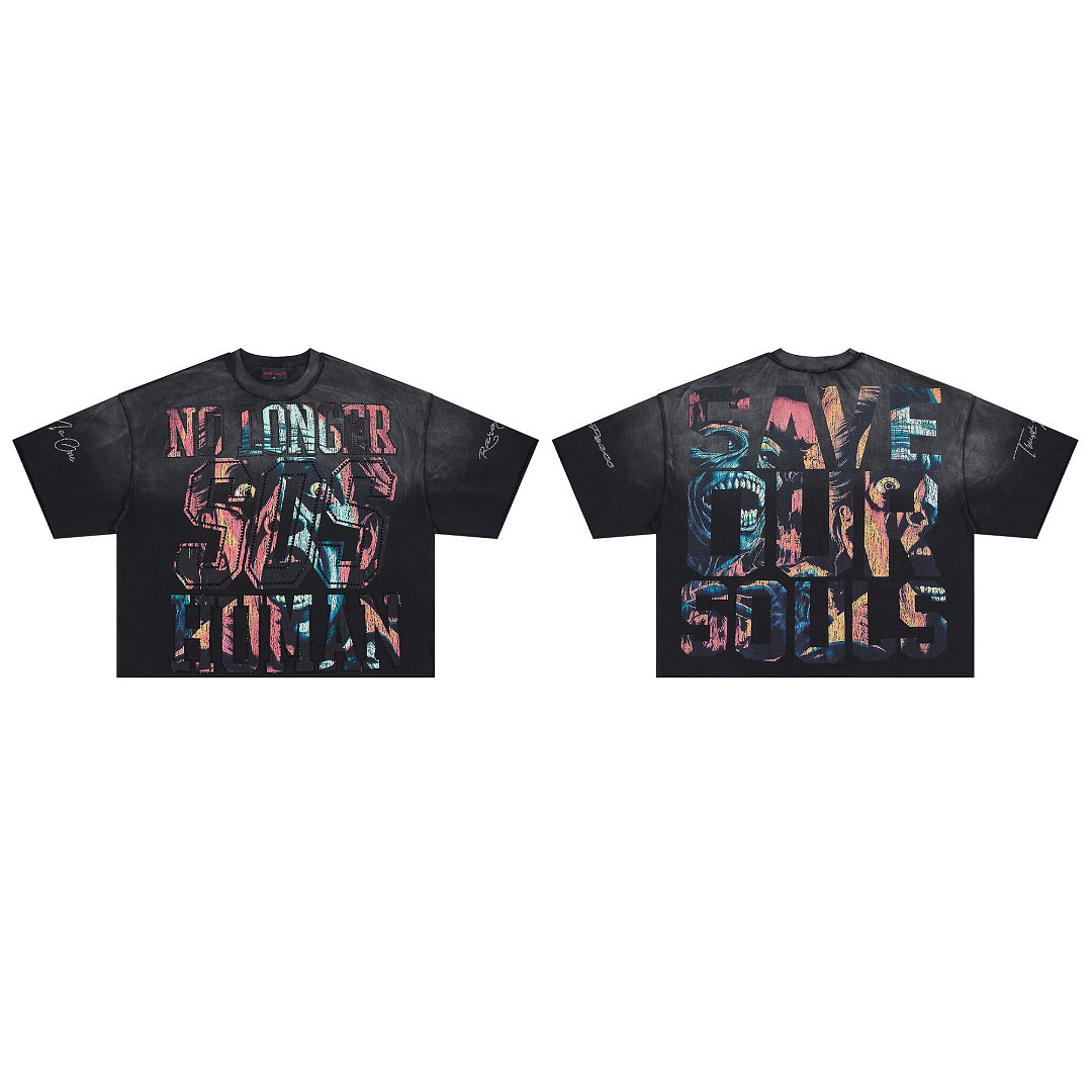 RARE PEACE No Longer Human Rhinestone Graphic Cropped Oversized T‑Shirt