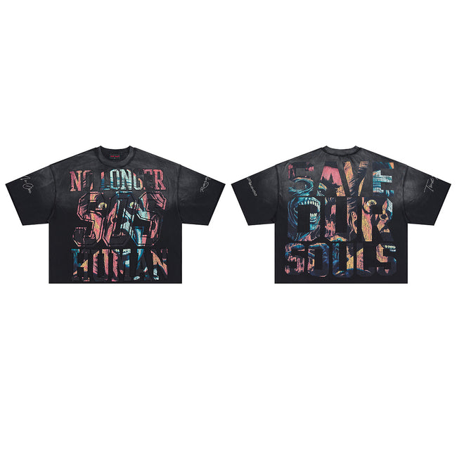 RARE PEACE No Longer Human Rhinestone Graphic Cropped Oversized T‑Shirt Hover Image