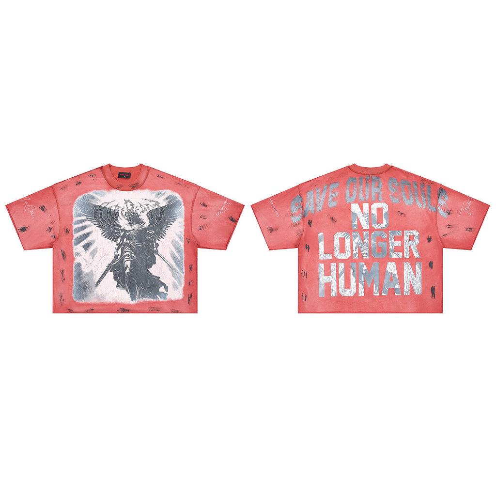 RARE PEACE Warrior‑Angel Rhinestone Print Cropped Oversized T‑Shirt