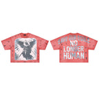 RARE PEACE Warrior‑Angel Rhinestone Print Cropped Oversized T‑Shirt