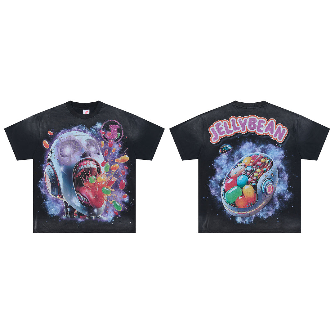 JELLYBEAN Cyborg Skull Jelly Bean Splash Graphic Oversized T‑Shirt