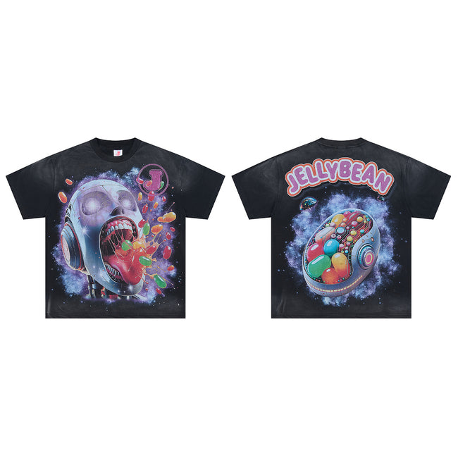 JELLYBEAN Cyborg Skull Jelly Bean Splash Graphic Oversized T‑Shirt Hover Image