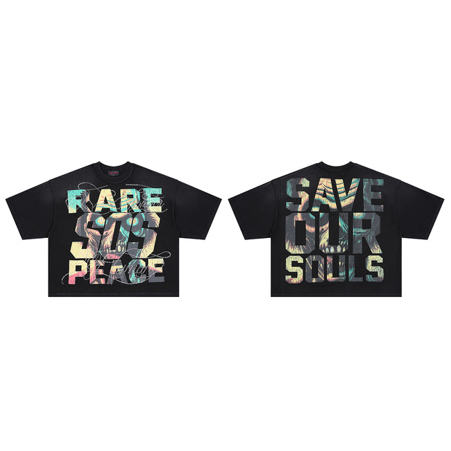 RARE PEACE SOS Monster‑Graphic Rhinestone Cropped Oversized T‑Shirt Hover Image