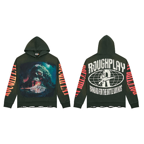 ROUGHPLAY Heavyweight Graphic Hoodie - Cyber Wave & Orange Sleeve Typography Hover Image