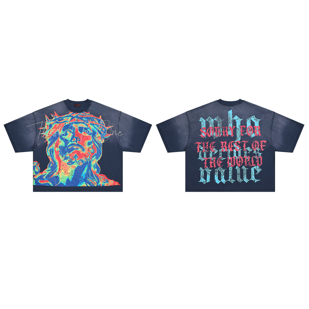 RARE PEACE Neon‑Color Jesus Rhinestone Cropped Oversized T‑Shirt