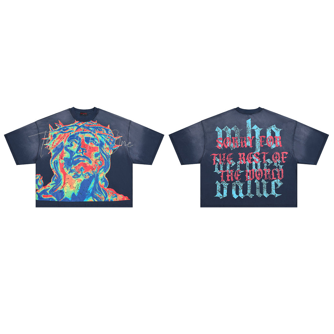 RARE PEACE Neon‑Color Jesus Rhinestone Cropped Oversized T‑Shirt