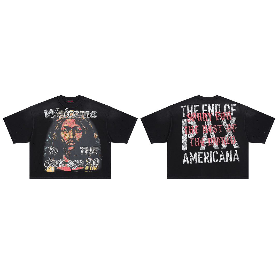 RARE PEACE Welcome To The Dark Age 2.0 Rhinestone Cropped Oversized T‑Shirt