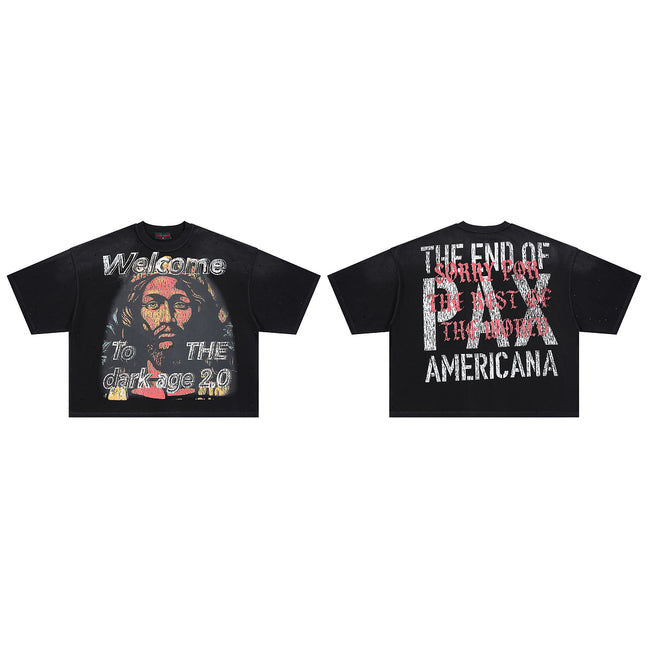 RARE PEACE Welcome To The Dark Age 2.0 Rhinestone Cropped Oversized T‑Shirt Hover Image