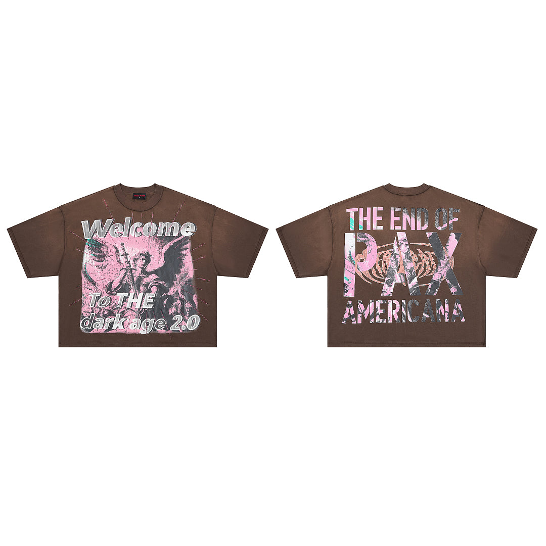 RARE PEACE Welcome To The Dark Age 2.0 Angel‑Print Cropped Oversized T‑Shirt