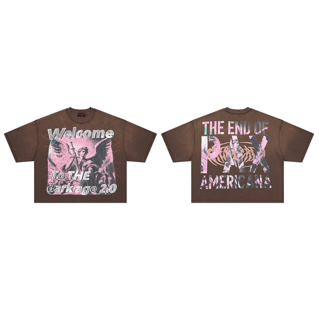 RARE PEACE Welcome To The Dark Age 2.0 Angel‑Print Cropped Oversized T‑Shirt Hover Image