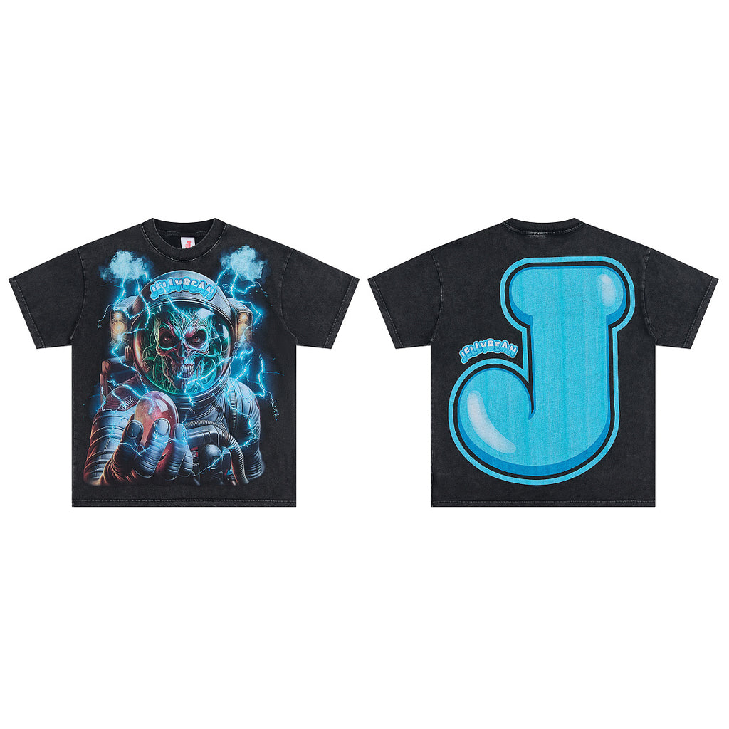 JELLYBEAN Skull Astronaut Lightning Graphic Oversized T‑Shirt
