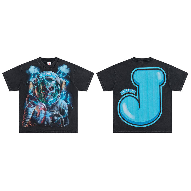 JELLYBEAN Skull Astronaut Lightning Graphic Oversized T‑Shirt Hover Image