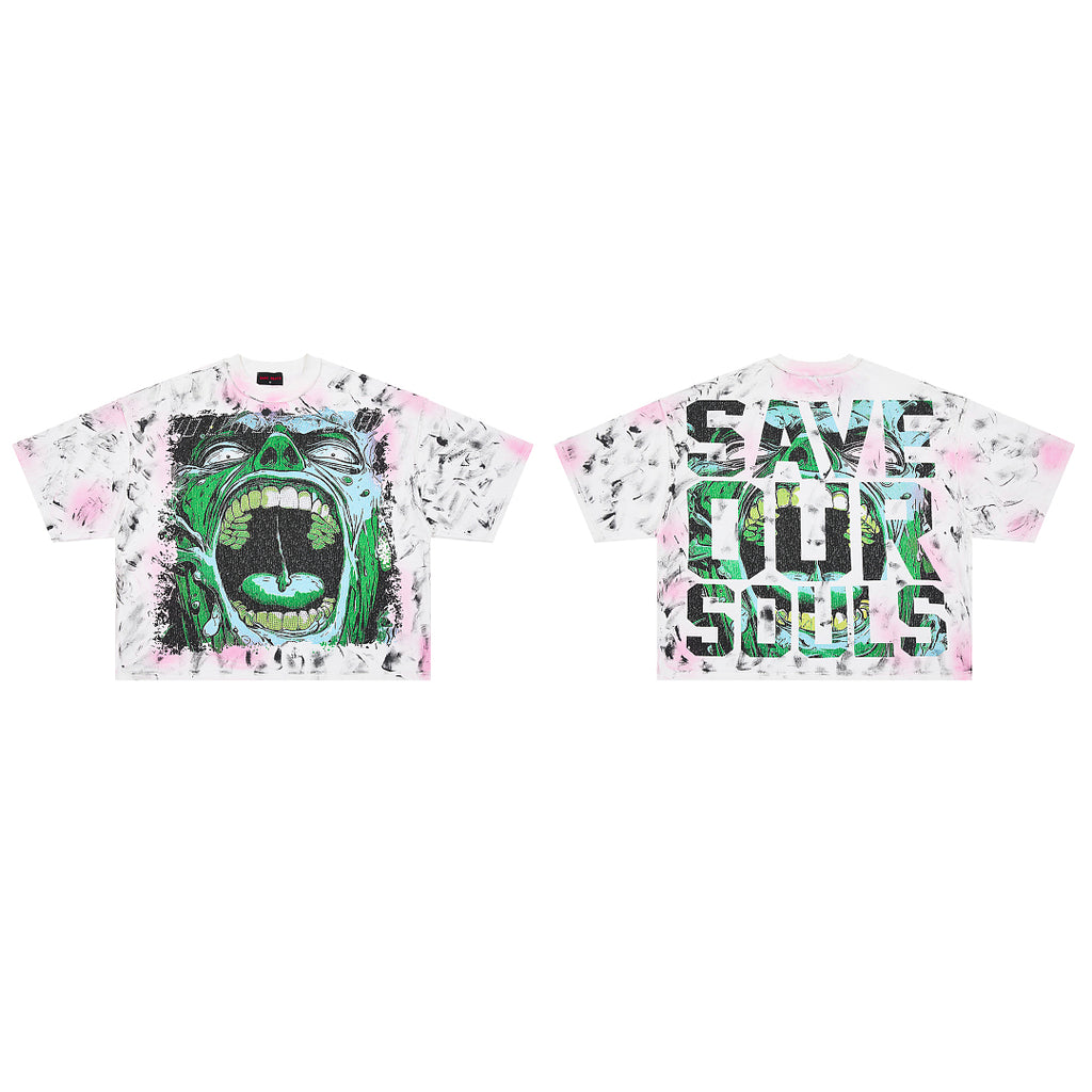 RARE PEACE Screaming Zombie Rhinestone Cropped Oversized T‑Shirt