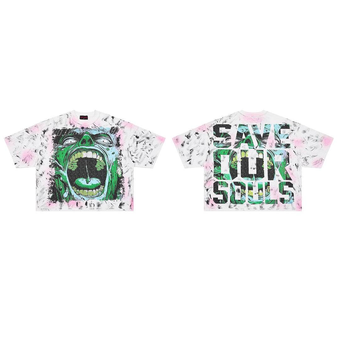 RARE PEACE Screaming Zombie Rhinestone Cropped Oversized T‑Shirt