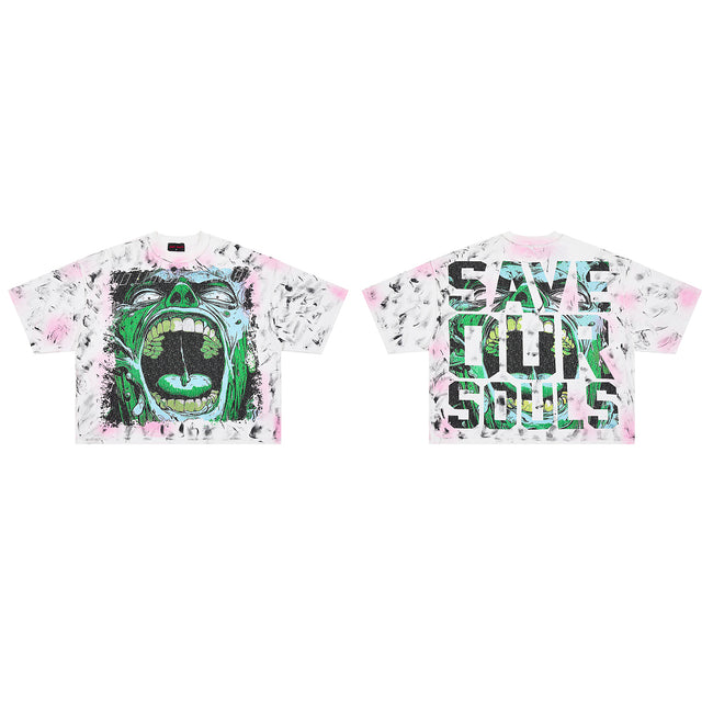 RARE PEACE Screaming Zombie Rhinestone Cropped Oversized T‑Shirt Hover Image