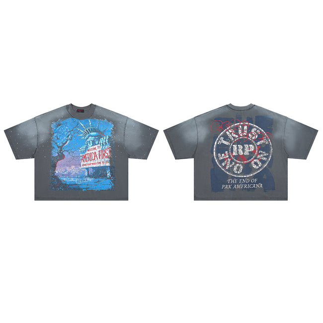 RARE PEACE Horror‑Statue‑of‑Liberty Cropped Oversized T‑Shirt Hover Image