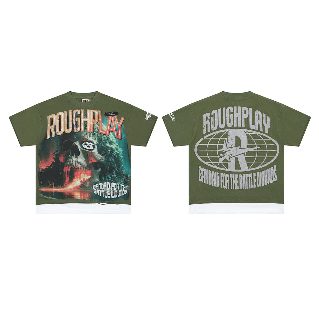 ROUGHPLAY Heavyweight Layered Graphic Tee - Olive Green Skull & Flame