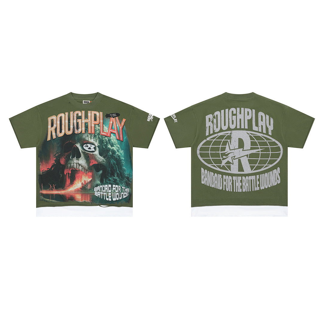 ROUGHPLAY Heavyweight Layered Graphic Tee - Olive Green Skull & Flame