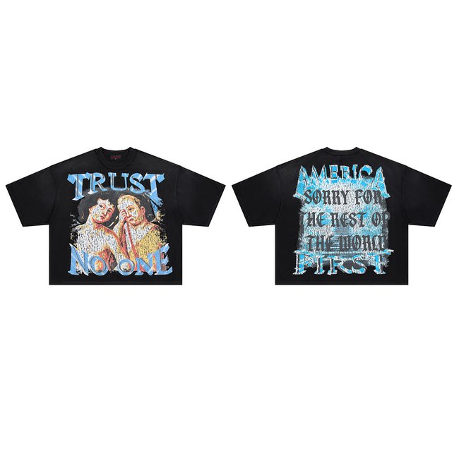 RARE PEACE Trust No One Vintage‑Angel Cropped Oversized T‑Shirt Hover Image