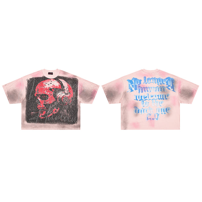 RARE PEACE Headset‑Skull Rhinestone Cropped Oversized T‑Shirt Hover Image