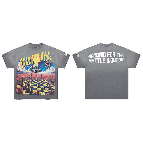 ROUGHPLAY Heavyweight Washed Graphic Tee - Chessboard & Sun Vintage Distressed T-Shirt Hover Image