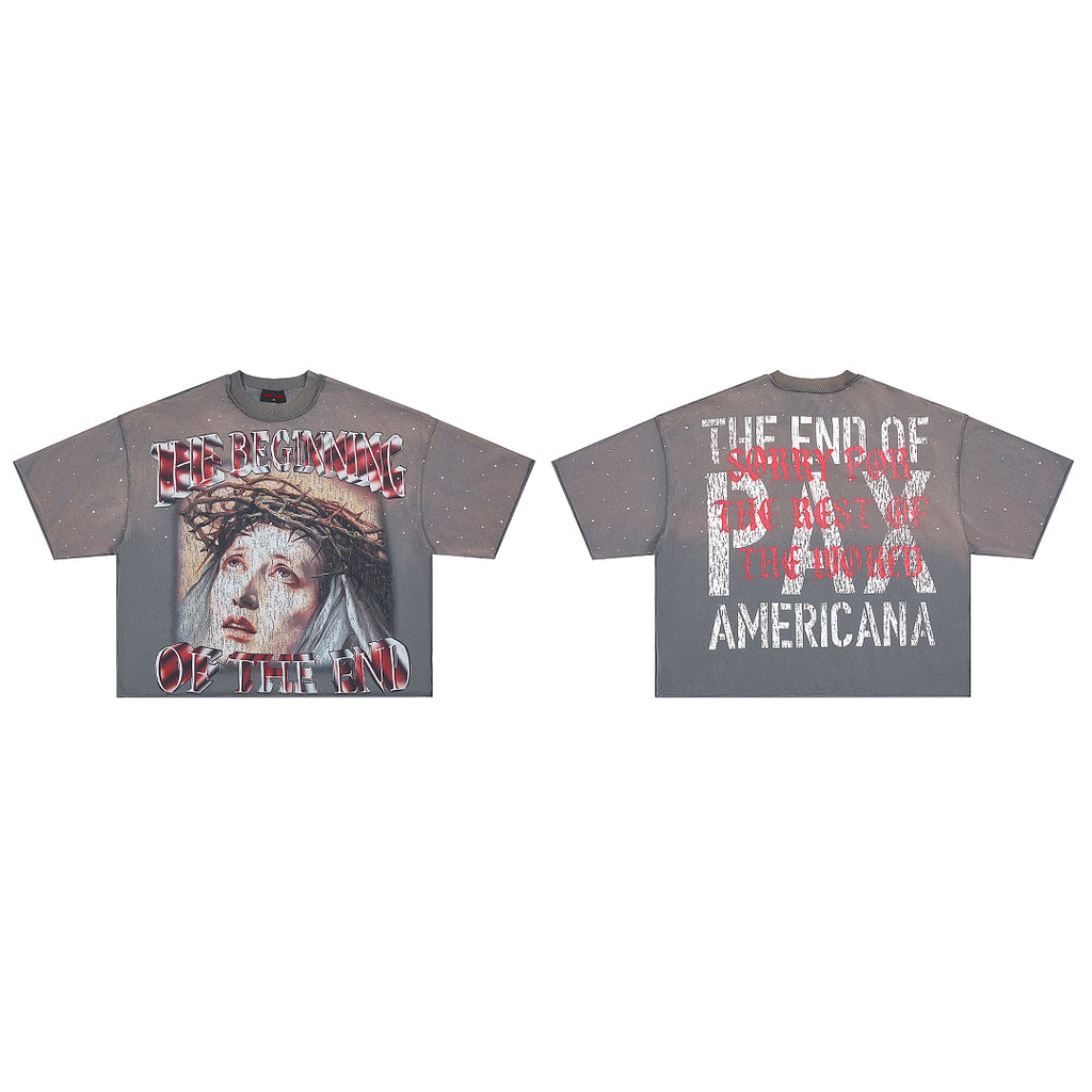 RARE PEACE The Beginning Of The End Rhinestone Cropped Oversized T‑Shirt