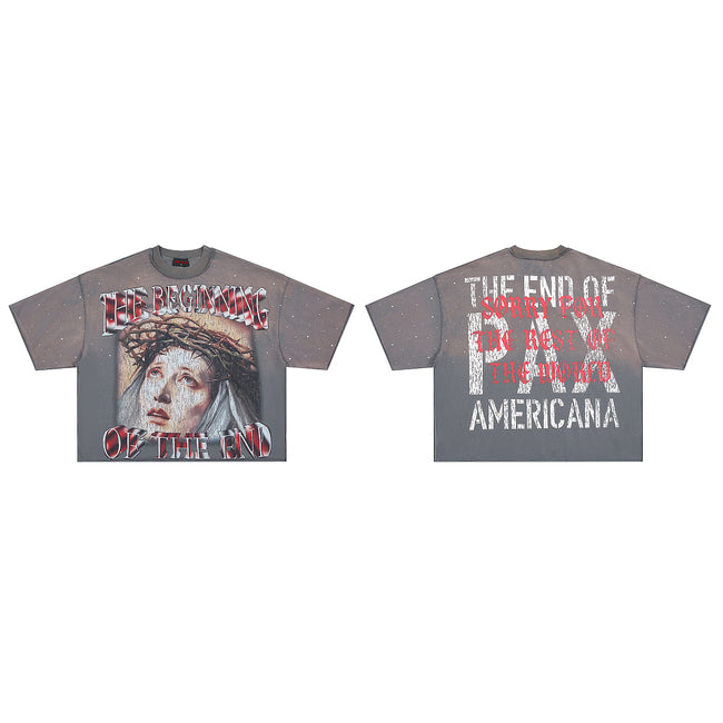 RARE PEACE The Beginning Of The End Rhinestone Cropped Oversized T‑Shirt Hover Image