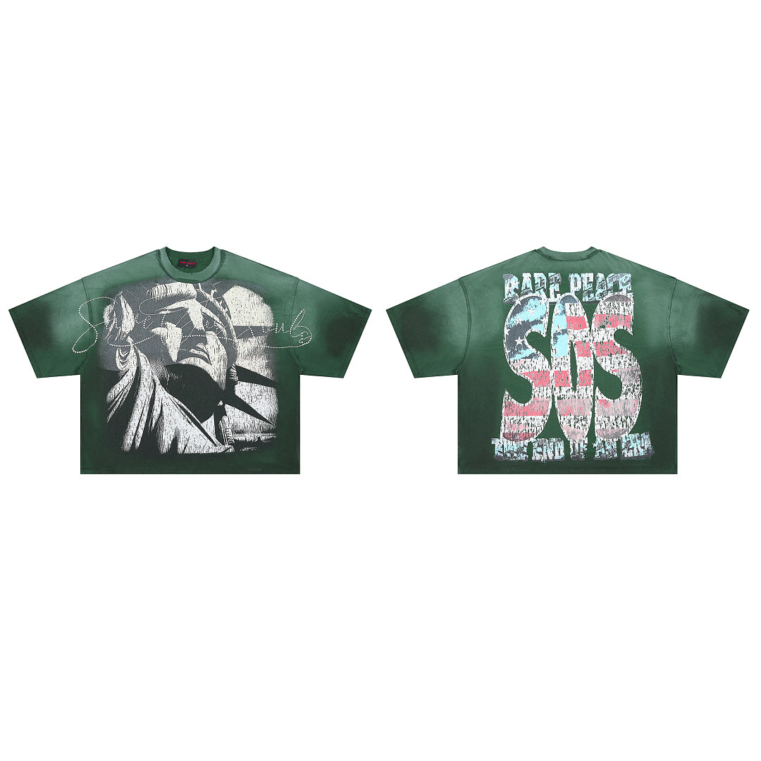 RARE PEACE Blind‑Folded Statue of Liberty Rhinestone Cropped Oversized T‑Shirt