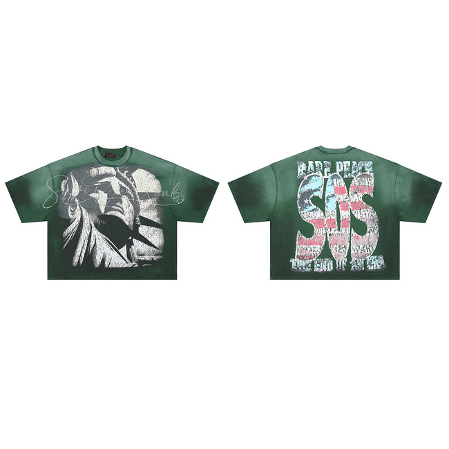 RARE PEACE Blind‑Folded Statue of Liberty Rhinestone Cropped Oversized T‑Shirt Hover Image