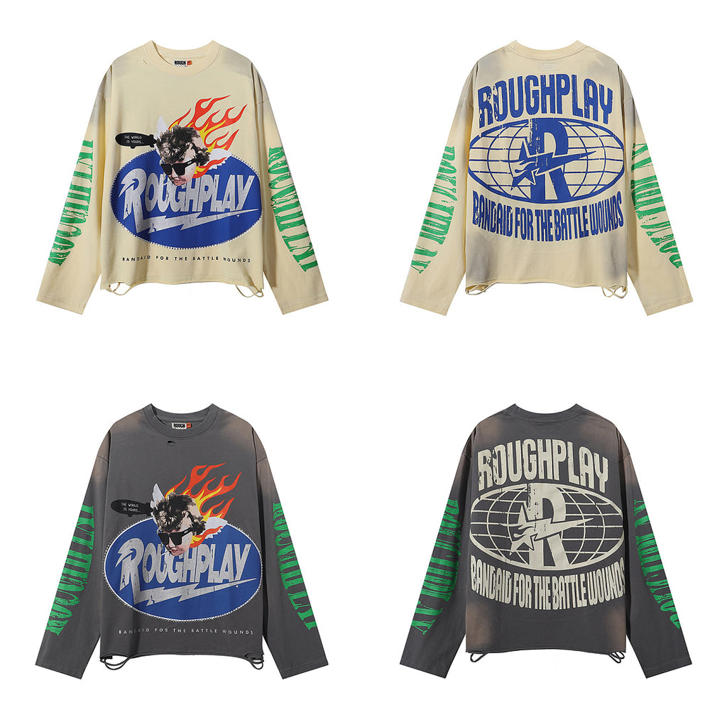 ROUGHPLAY Distressed Flame Oval Logo Graphic Long Sleeve Shirt Unisex Vintage Oversized Streetwear Crewneck Top