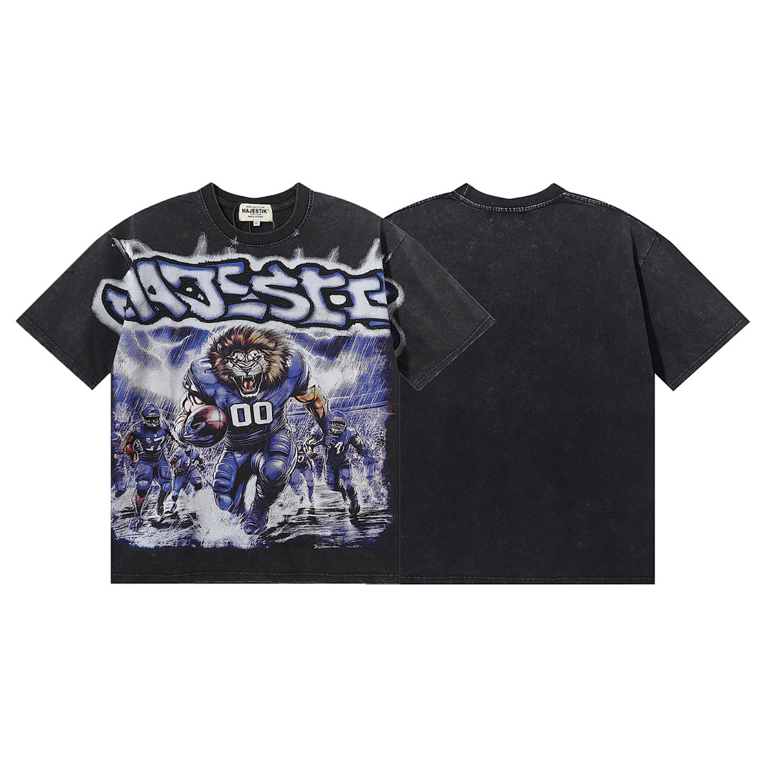MAJESTIK Cyber Beast Gorilla Football Graphic T-Shirt Unisex Acid Wash Black Y2K Electric Lightning Oversized Streetwear Short Sleeve Top