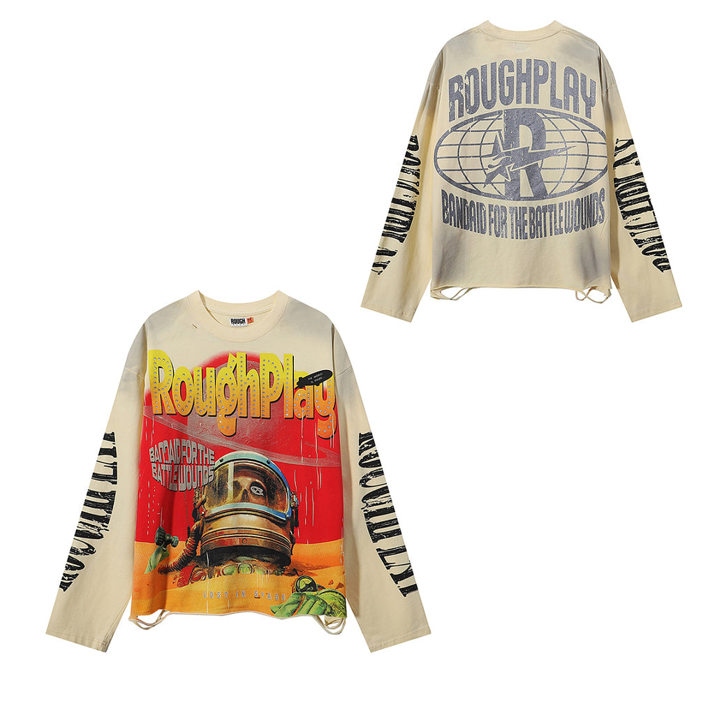ROUGHPLAY Distressed Cyber Helmet Graphic Long Sleeve Shirt Unisex Vintage Cream Oversized Streetwear Crewneck Top