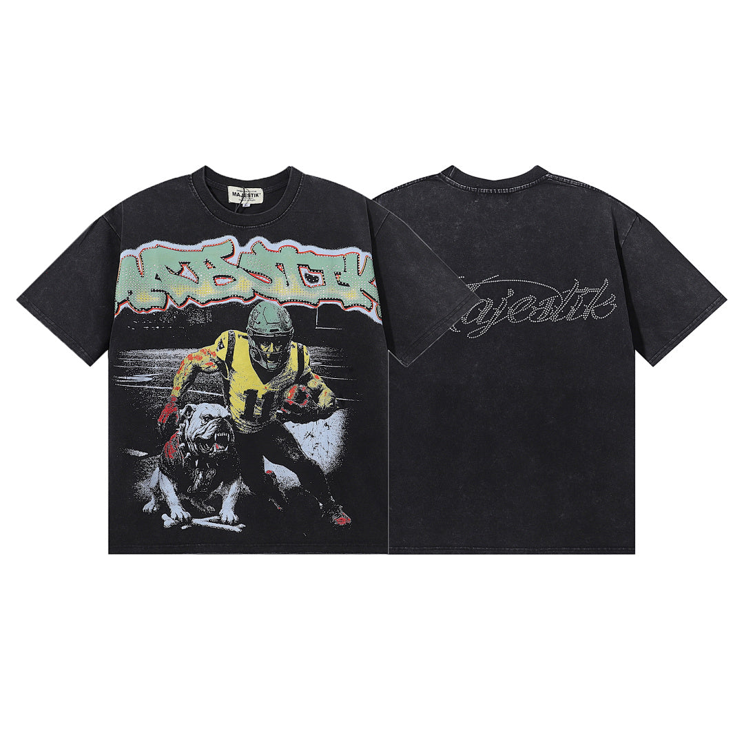 MAJESTIK Football Player Hound Graphic T-Shirt Unisex Acid Wash Black Y2K Cyber Athletic Dual-Sided Oversized Streetwear Short Sleeve Top