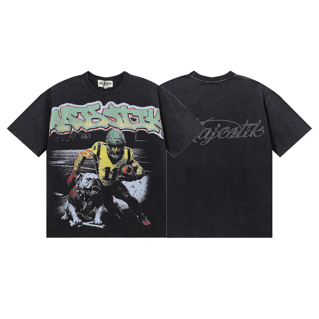 MAJESTIK Football Player Hound Graphic T-Shirt Unisex Acid Wash Black Y2K Cyber Athletic Dual-Sided Oversized Streetwear Short Sleeve Top Hover Image